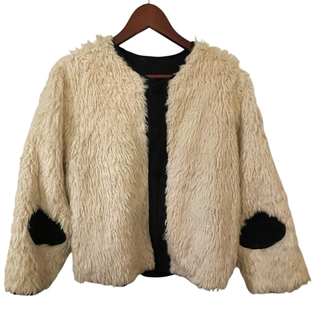 Caron Callahan Tommy Reversible Cropped Jacket Ivory Faux Fur Black Linen Wool M